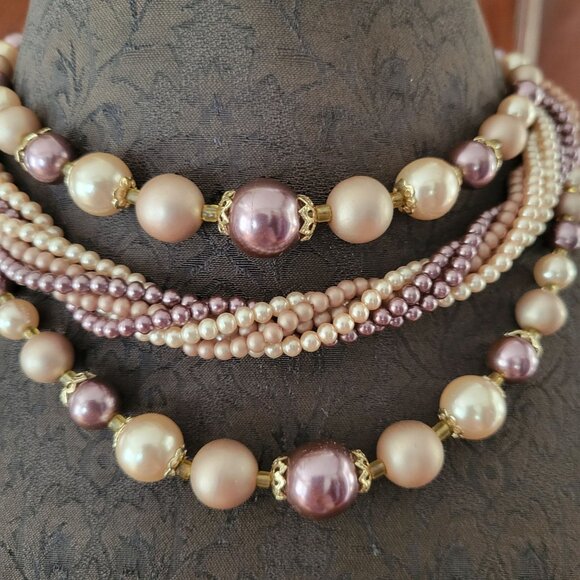 Vintage Multi-Strand Purple Pearl & Gold Tone Beaded Necklace - Picture 2 of 7